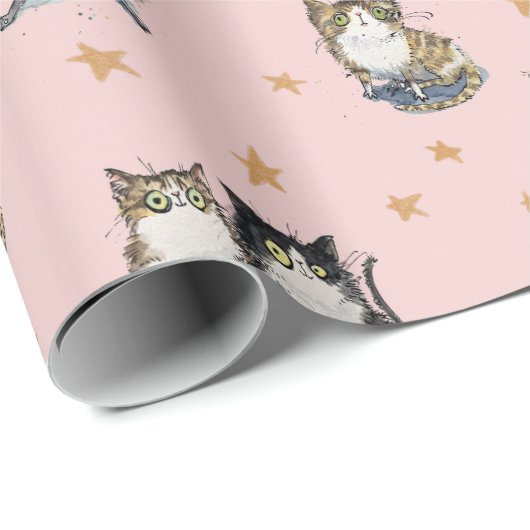 Funny Cats unter den Sternen auf der rosa Katze ge Geschenkpapier (Rolleneckpunkt)
