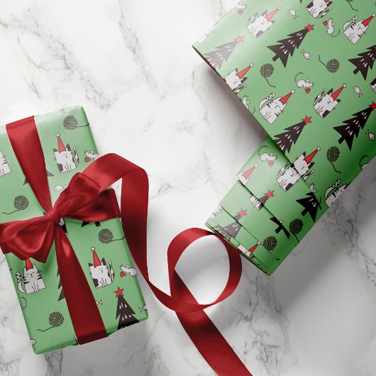 Funny Cats Weihnachtsmuster grün Geschenkpapier