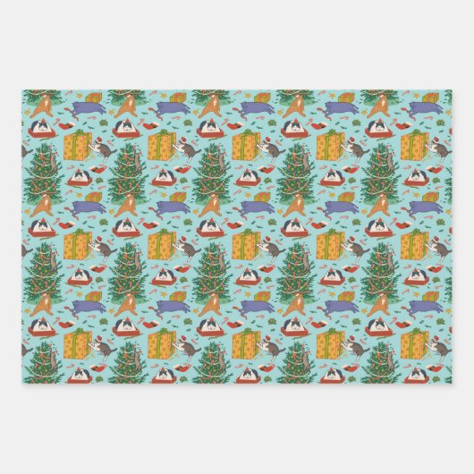 Funny Cats Weihnachtswrapping Paper - Blau Geschenkpapier Set (Vorderseite)