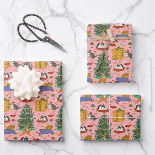 Funny Cats Weihnachtswrapping Paper - Pink Geschenkpapier Set (Vorderseite)