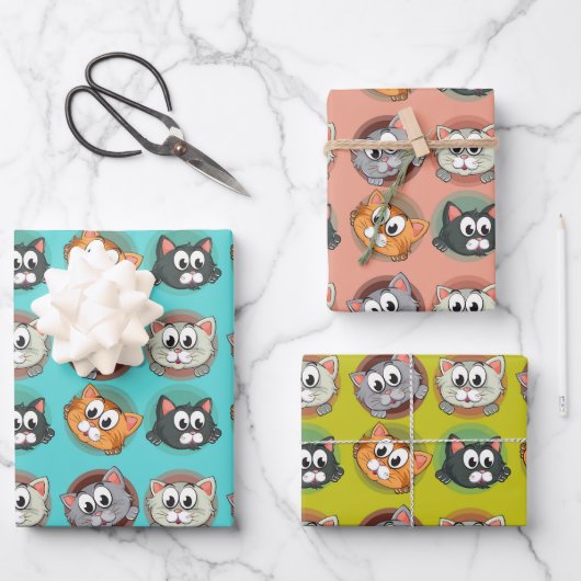 Funny Cats Wrapping Paper Set 3 Geschenkpapier Set (Vorderseite)