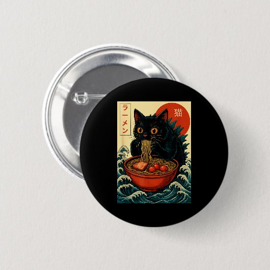 Funny Catzilla Anime Ramen Japanese Cat Men Women Button (Vorne & Hinten)