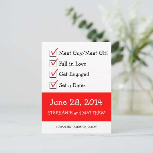 Funny Checkliste Save the Date Ankündigungspostkarte (Stehend Vorderseite)