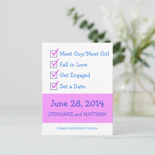 Funny Checkliste Save the Date Ankündigungspostkarte (Stehend Vorderseite)