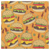 Funny Cheeseburger auf gelbem Lebensmittelmuster Stoff (Nahaufnahme)