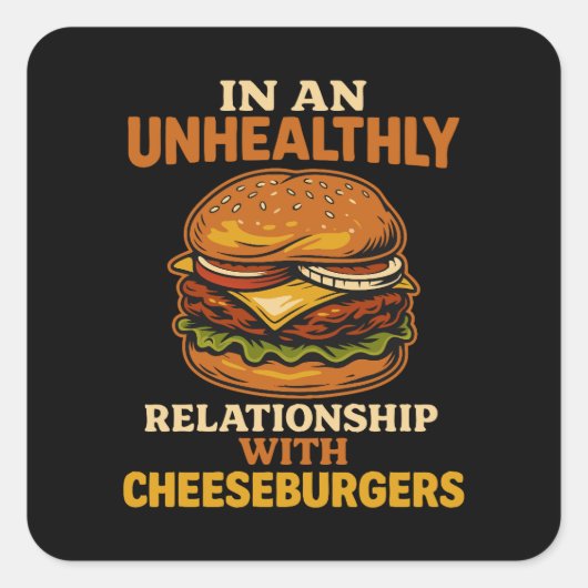 Funny Cheeseburger Eater Beziehung mit Burger Quadratischer Aufkleber (Vorderseite)