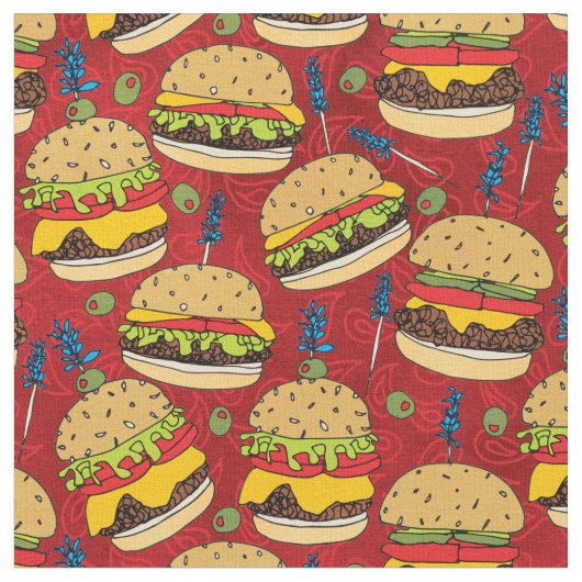 Funny Cheeseburger über Red Food Patches Stoff (Nahaufnahme)