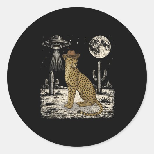 Funny Cheetah Cowboy Western Ufo Safari Tier Runder Aufkleber (Vorderseite)