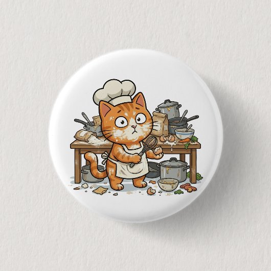 Funny Chef Cat Messy Kitchen Button (Vorderseite)