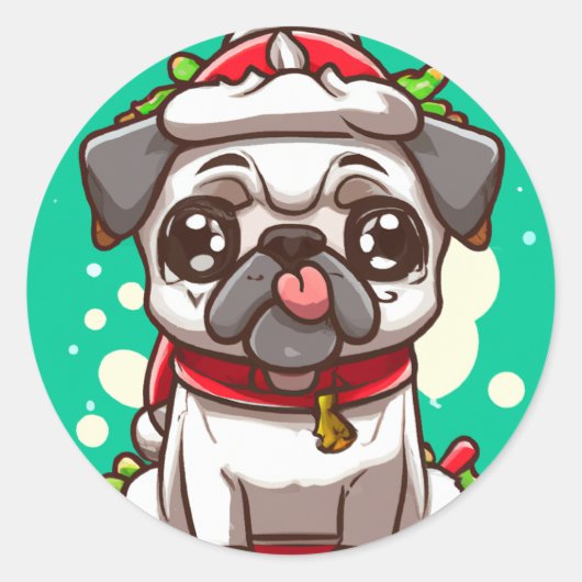 Funny Chibi Kawaii Dog Mops Weihnachtssticker Runder Aufkleber (Vorderseite)