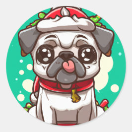 Funny Chibi Kawaii Dog Mops Weihnachtssticker Runder Aufkleber