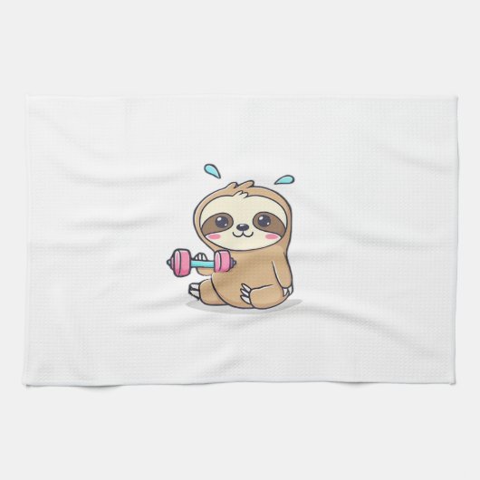 Funny Chibi Sloth Workout  Cute Kawaii Gym Cartoon Geschirrtuch (Horizontal)