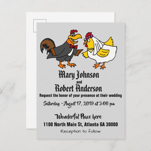 Funny Chicken Bridge and Groom Wedding Einladung (Vorne/Hinten)