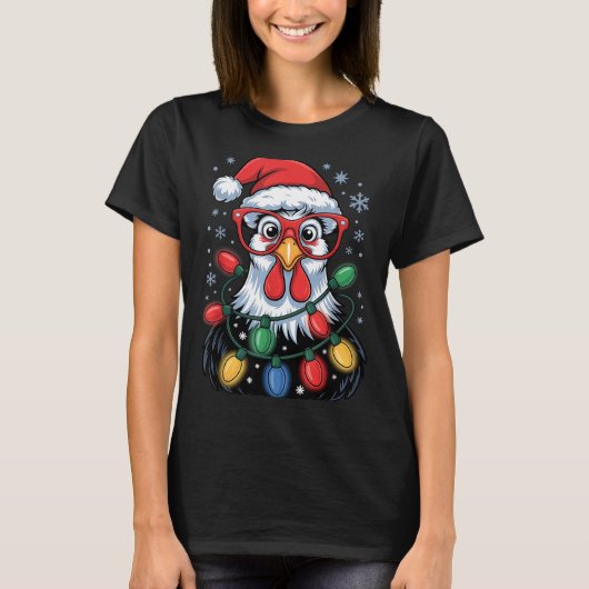 Funny Chicken Christmas Tree Lights Santa Hat Xmas T-Shirt (Vorderseite)