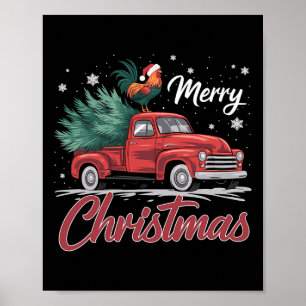 Funny Chicken on Red Truck Weihnachtsbaum Christma Poster