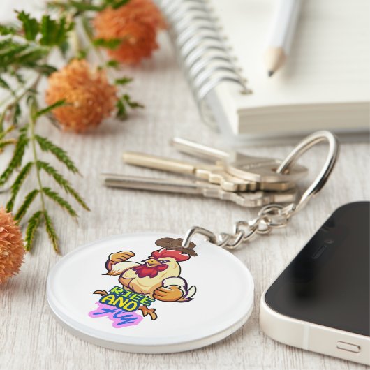 Funny Chicken Rise and Fly” T-Shirt Schlüsselanhänger (Vorderseite rechts)