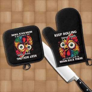 Funny Chicken Rolling Eye Zitat Ofenhandschuh & Topflappen-Set