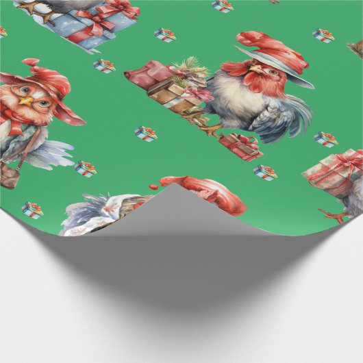 Funny Chicken Weihnachtskäufer Grün Geschenkpapier (Ecke)