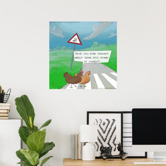 Funny Chickens Crossing Road Cartoon Poster (Heimbüro)