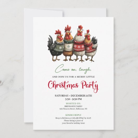 Funny Chickens Minimalist Red Green Holiday Invite Einladung (Vorderseite)