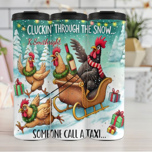 Funny Chickens Pulling Sleigh Thermosbecher