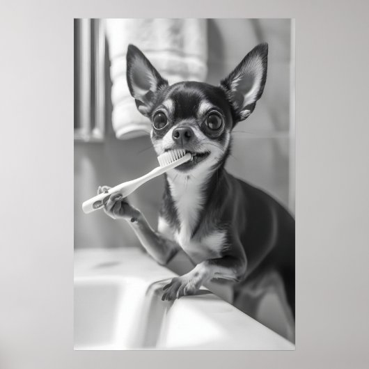Funny Chihuahua Bathroom Art Print, Brushing Teeth Poster (Vorne)