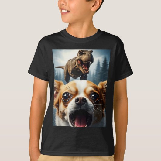 Funny Chihuahua Dog Selfie With T-rex Women Men Ki T-Shirt (Vorderseite)