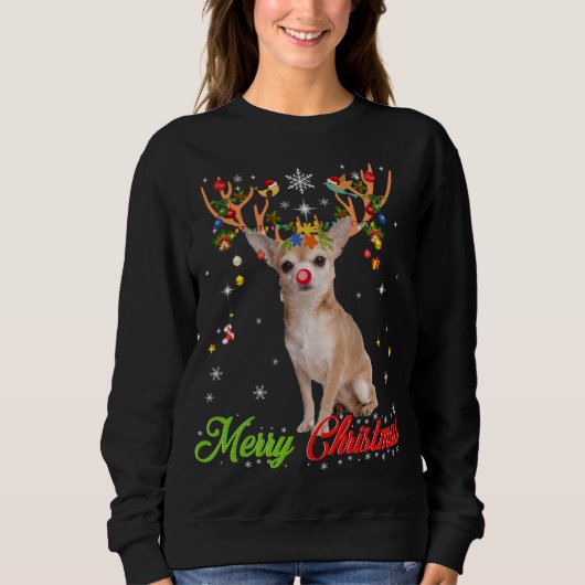Funny Chihuahua Hund mit Antlern Frohe Weihnachten Sweatshirt (Vorderseite)
