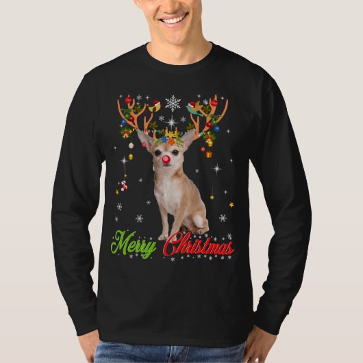 Funny Chihuahua Hund mit Antlern Frohe Weihnachten T-Shirt (Vorderseite)