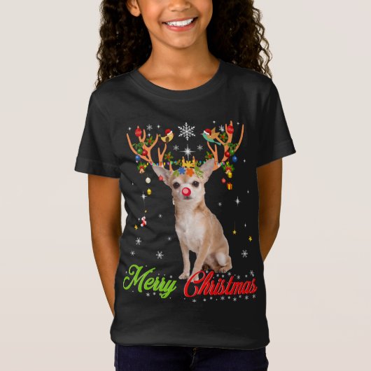 Funny Chihuahua Hund mit Antlern Frohe Weihnachten T-Shirt (Vorderseite)