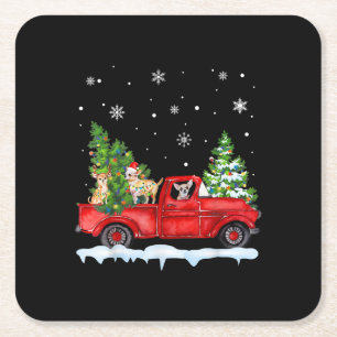 Funny Chihuahua mit dem roten Lkw Weihnachtsfeiert Rechteckiger Pappuntersetzer