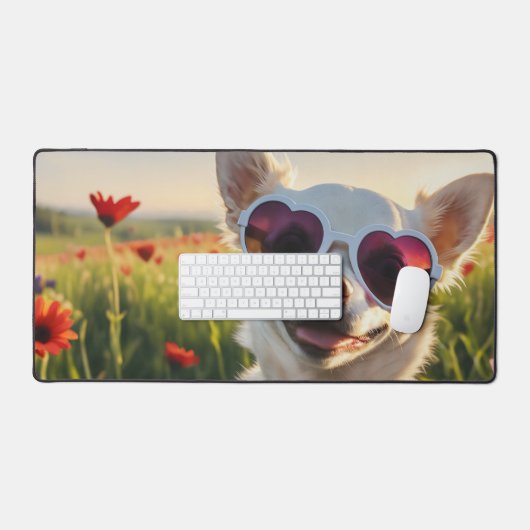Funny Chihuahua mit Sonnenbrille auf einer Wiese Schreibtischunterlage (Tastatur & Maus)