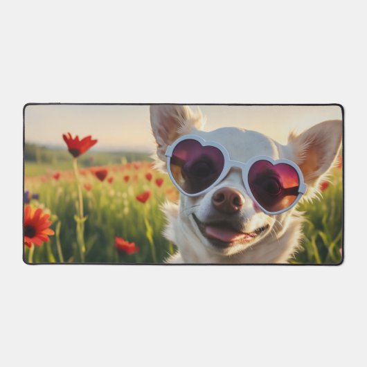 Funny Chihuahua mit Sonnenbrille auf einer Wiese Schreibtischunterlage (Vorderseite)
