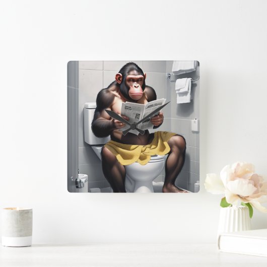 Funny Chimp auf einer Toilettenuhr, Quadratische Wanduhr (Zuhause)