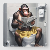 Funny Chimp auf einer Toilettenuhr, Quadratische Wanduhr (Vorderseite)