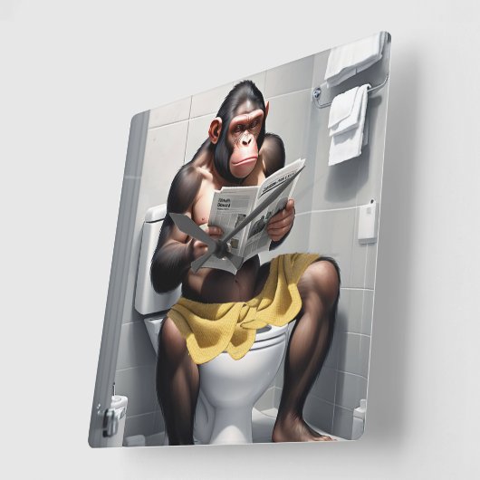 Funny Chimp auf einer Toilettenuhr, Quadratische Wanduhr (Winkel)