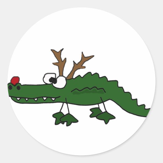 Funny Christmas Alligator als Rentier Runder Aufkleber (Vorderseite)