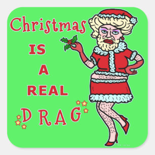 Funny Christmas Bah Humbug Santa in Drag Quadratischer Aufkleber