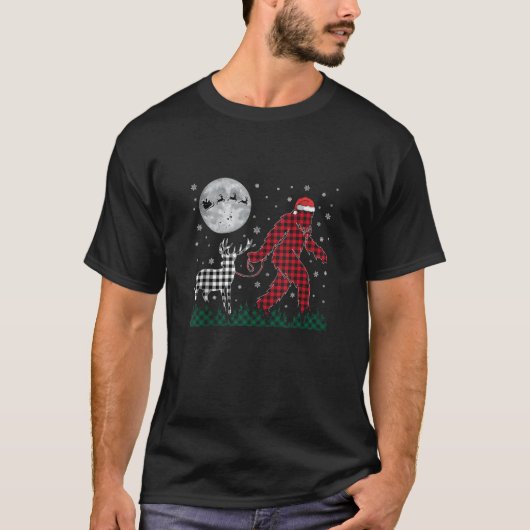Funny Christmas Bigfoot Reindeer Moon Santa Plaid T-Shirt (Vorderseite)