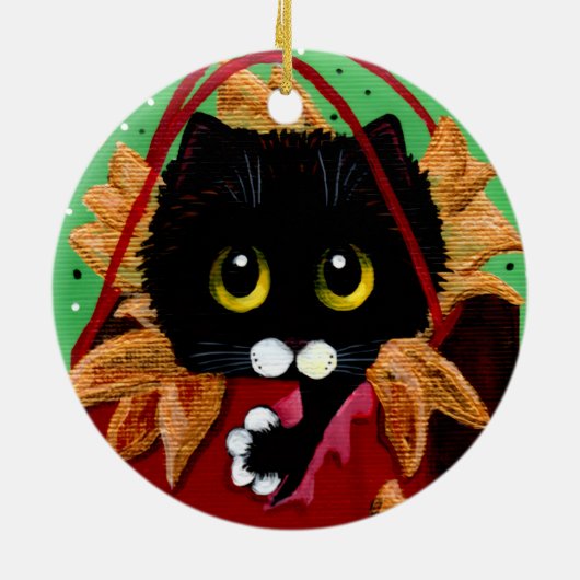 Funny Christmas Black Cat Art Creationarts Keramik Ornament (Hinten)