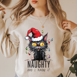 Funny Christmas Black Cat Naughty und ich weiß es T-Shirt