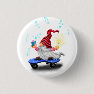 Funny Christmas Button Skater Gnome mit Geschenken