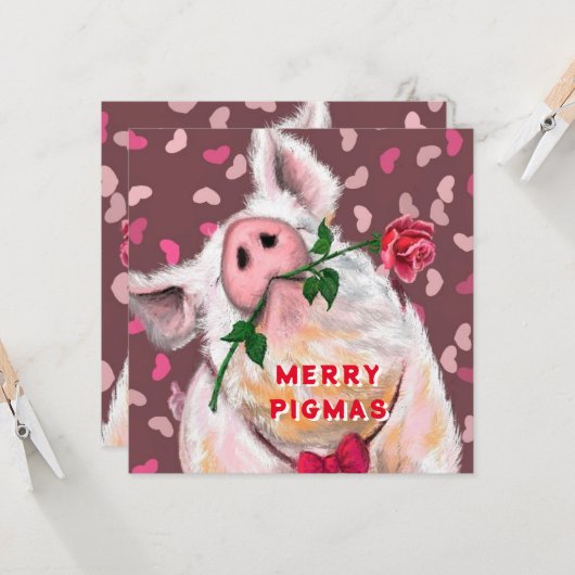 Funny Christmas Card Gentleman Pig mit Rose Karte (Vorderseite/Rückseite Beispiel)