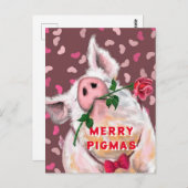 Funny Christmas Card Gentleman Pig mit Rose Postkarte (Vorne/Hinten)