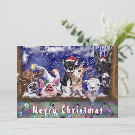 Funny Christmas Card mit Happy Farm Animal Party (Stehend Vorderseite)
