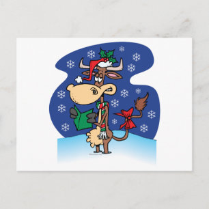 Funny Christmas Caroling Cow Cartoon Feiertagspostkarte