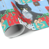 Funny Christmas Cat Black Tuxedo Cuckoo Uhr Geschenkpapier (Rolleneckpunkt)