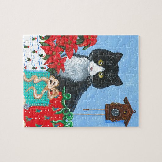 Funny Christmas Cat Black Tuxedo Cuckoo Uhr Puzzle (Horizontal)