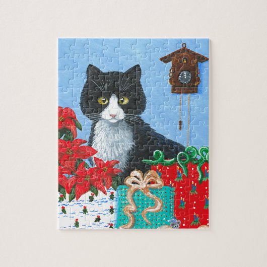 Funny Christmas Cat Black Tuxedo Cuckoo Uhr Puzzle (Vertikal)