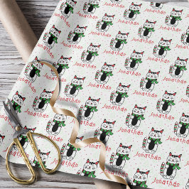 Funny Christmas Cat Cartoon Personalisiertes Kind Geschenkpapier